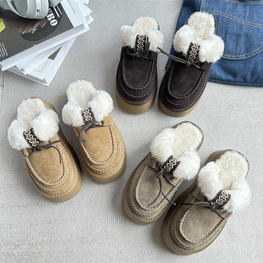 Genuine leather velvet warm thick-soled half-slippers women's outer wear 2025 winter new Baotu one-pedal fluffy snow boots