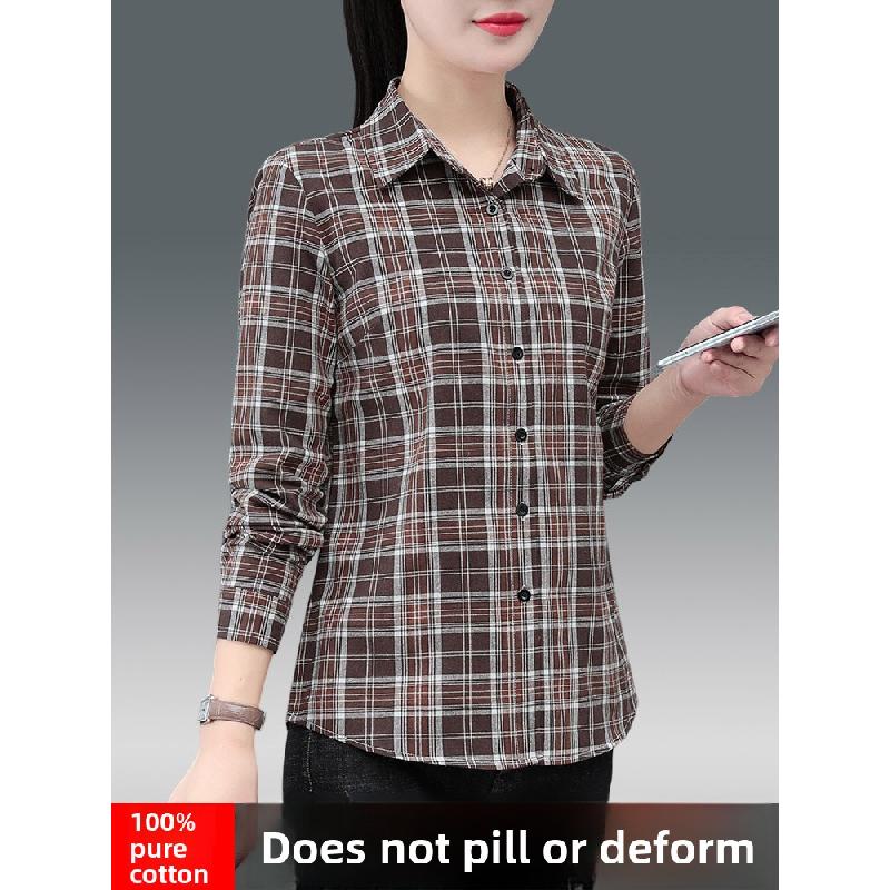 High-quality all-cotton plaid shirt for women, spring and autumn 2026 new fashion women's shirt, thin long-sleeved top