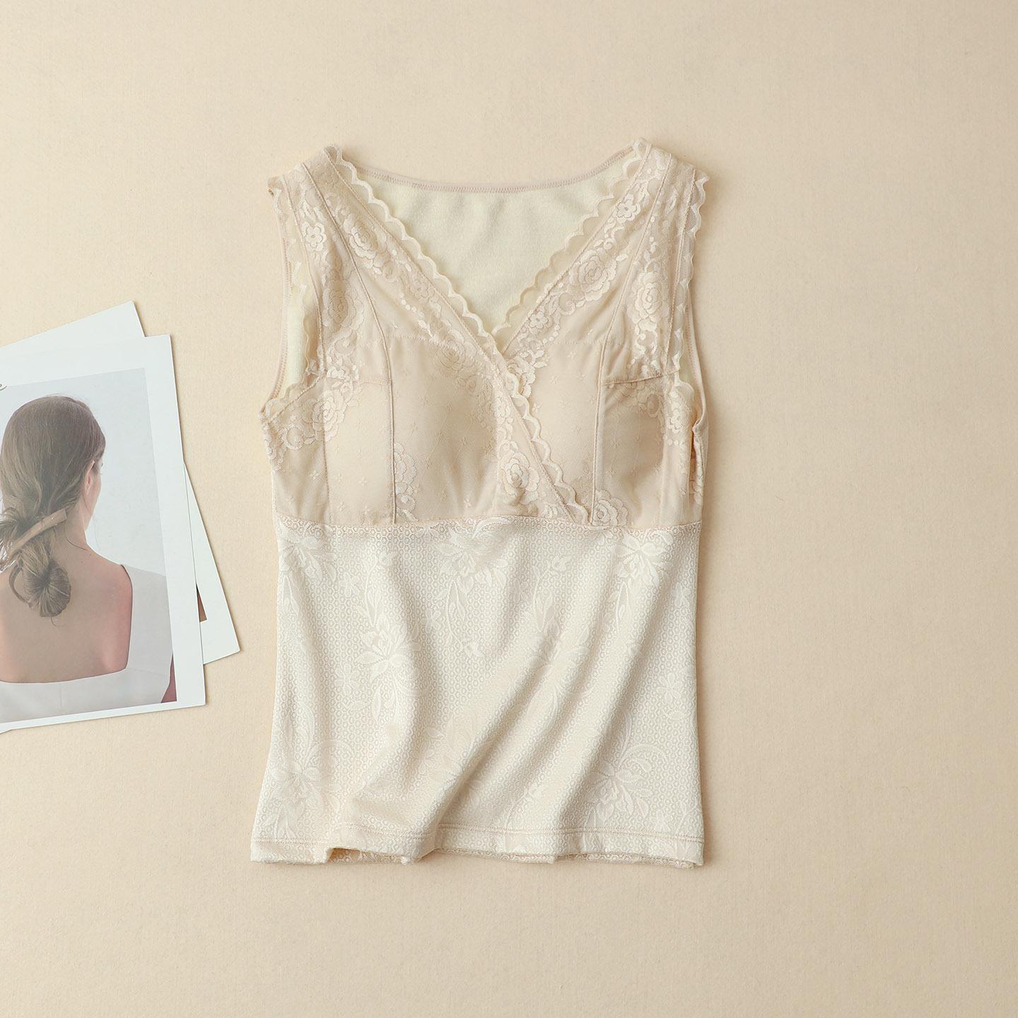 

Кружевной топ-бра на бретелях с V-образным вырезом из 100% шелка-туссан - Интегрированный базовый слой для женщин (Осень зима) XL телесный