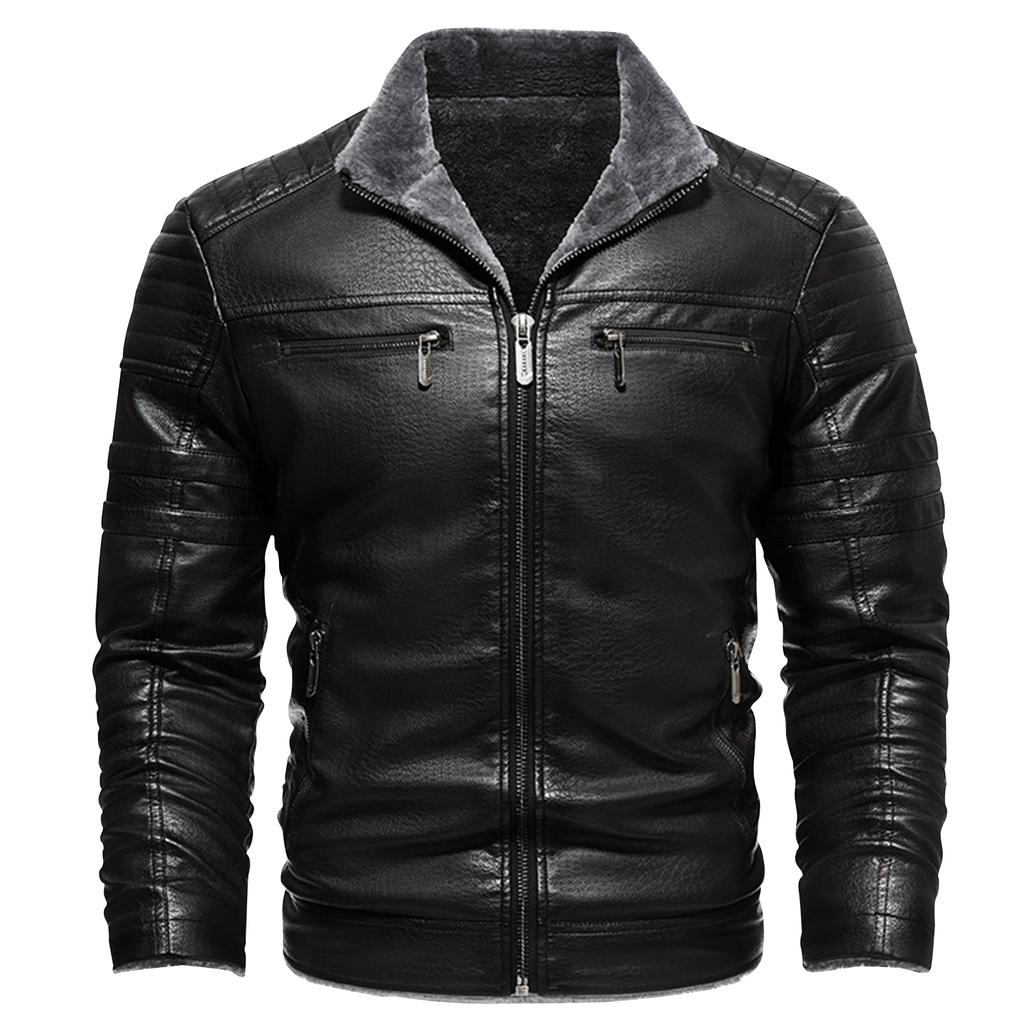 Men's Multi-Pocket Plush Thickened PU Leather Jacket Business Casual Jacket