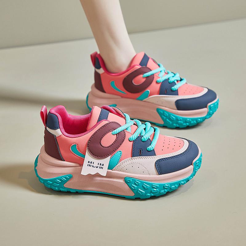 Fashion Spring Pink Platform Sneakers Thick Sole Leather Casual Shoes Women Chunky Sneakers Slip On Casual Sports Shoes For Women