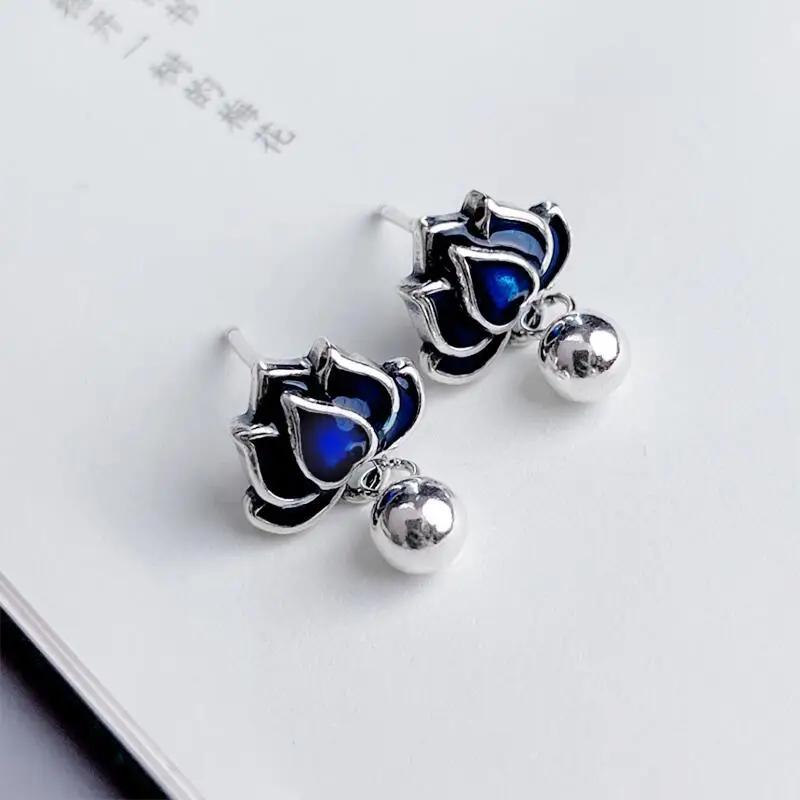

Серьги с цветком голубого лотоса для женщин Свежие Винтажные Классические Художественные Эмалевые с Кисточками Короткие Серьги-гвоздики Вечерние Ювелирные Изделия Подарки
