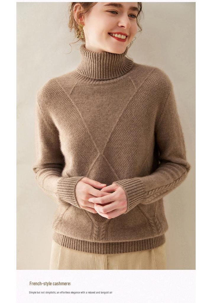 Cashmere Women's High-Neck Diamond Pattern Knit Sweater - Thickened Base Layer for Autumn/Winter Fashion