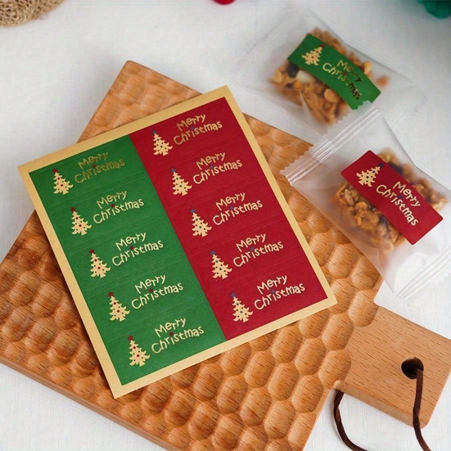 50pcs Vintage Christmas Sealing Stickers,Golden Foil Merry ChristmasTree Designs In Green,Red-Self-Adhesive Kraft Paper Labels