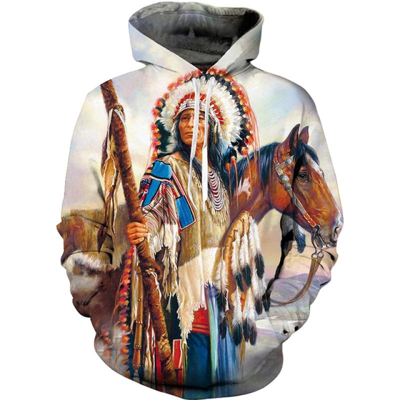 Colorful Jungle Chief Fleece Sweatshirt, Men's Thick Warm Hooded Pullover, Rich Scenic Native Chieftain Motif Hoodie for Artistic Street Matching