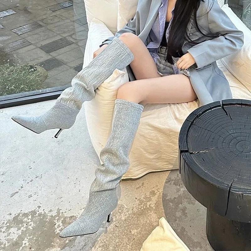 High Heel Long Tube Over Knee Folded Booties Women's Boots Autumn Winter Fashionable Sharp Pointed Toe Skinny Heel Jeans Boots