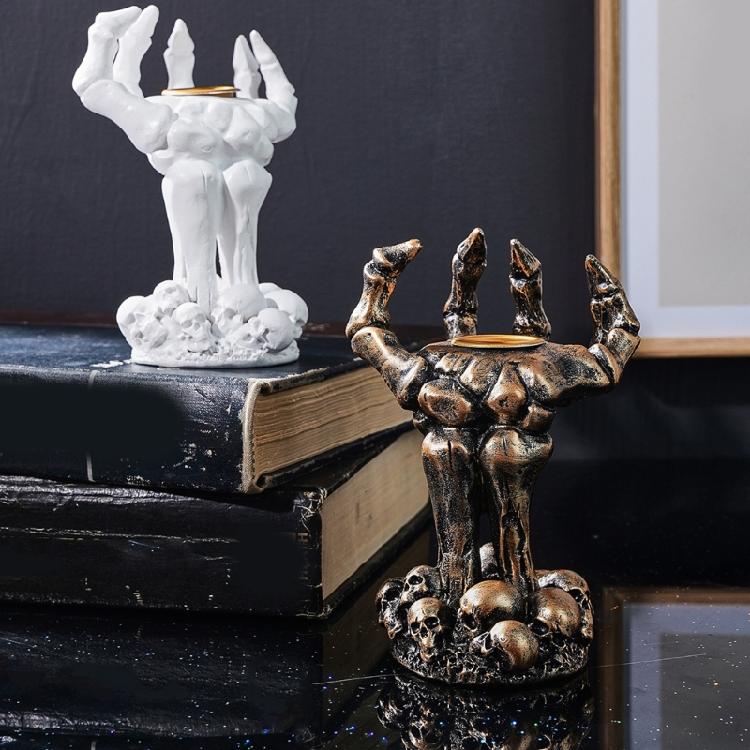 Gothic Halloween Candle Holders, Resin Skeleton Hand Sculpture Desktop Jewelry Holders for Shelf Decors, Mantels, and Entry Tables
