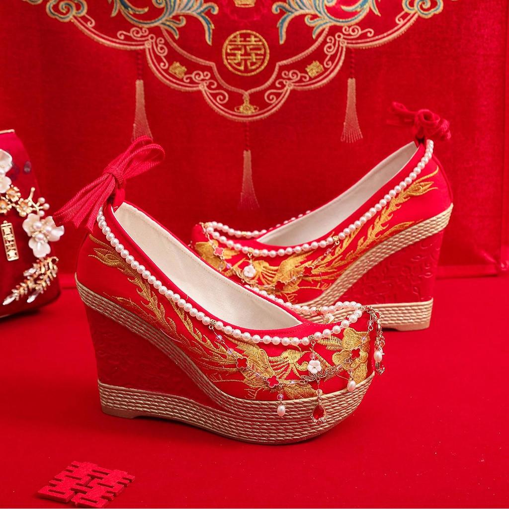 Show He Women's Spring Pearl Tassel High Heel Bridal Embroidered Shoes