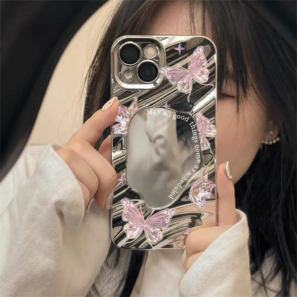 Mirror Phone Case for iPhone 16 11 13 14 for 16 Pro 12 13 15 16 Pro Max for Samsung A15 A16 A35 A55 Cute Cloud Flower Puppy Electroplated Phone Case
