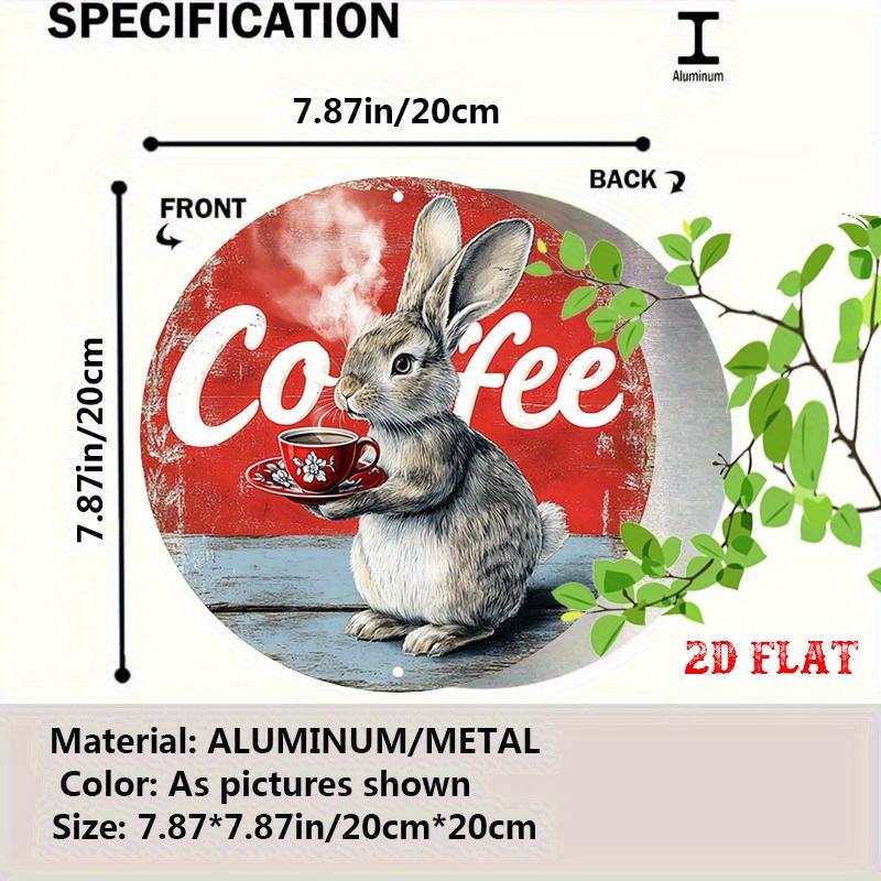 Vintage Rabbit Coffee Cup Metal Wall Sign Rustic Round Aluminum Art Inch for Cafe Beach House Backyard