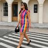 TikTok Large Size Rainbow Plaid Dress, Lapel Sleeveless Shirt Skirt, Women's Clothing