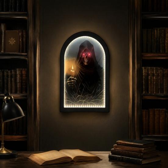 Acrylic Wood Spooky Sign Halloween Glowing Ghost Mirror, USB Light Up Scary Ghosts, Hologram Mirror Decoration Prank Decor for Haunted House