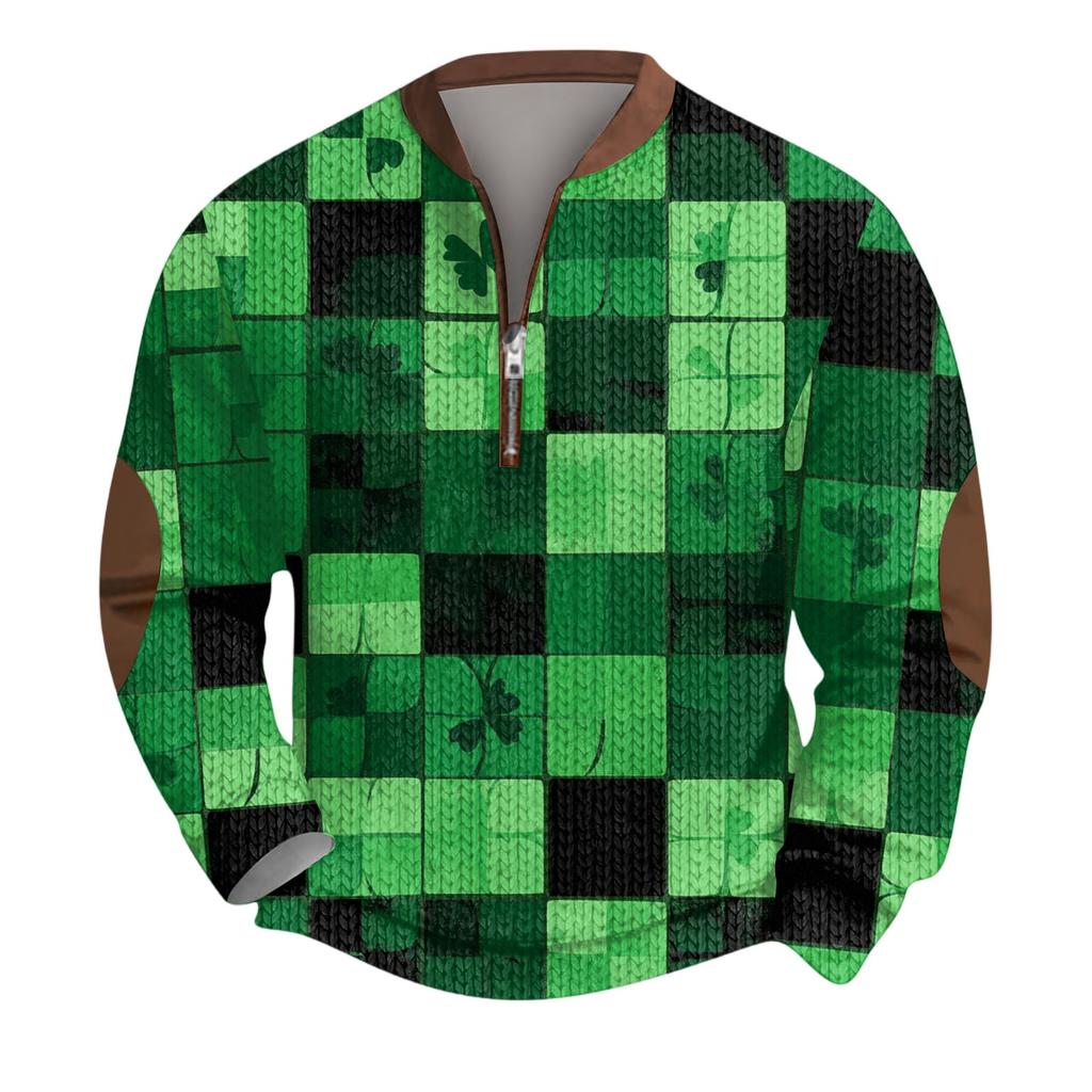 Mens Christmas Sweater Zip Up Sweatshirts Vintage Knit Graphic Sweatshirt St. Patrick's Day Stand Collar Pullover