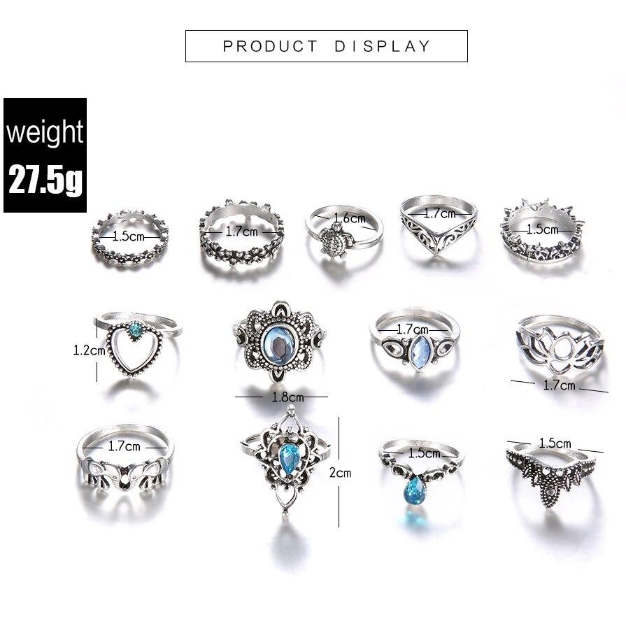 13Pcs/Set Vintage Carved Hollow Flower Crown Love Rings for Women Trendy 2024 Retro Exquisite Fringer Rings Party Zircon Gift