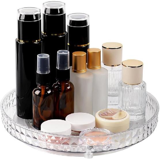 

360 Прозрачный вращающийся органайзер для макияжа для туалетного столика, 1-ярусный «Ленивая Сьюзен» с ромбовидным узором, Органайзеры для ухода за кожей большой вместимости, Витрина для косметики 1Tier
