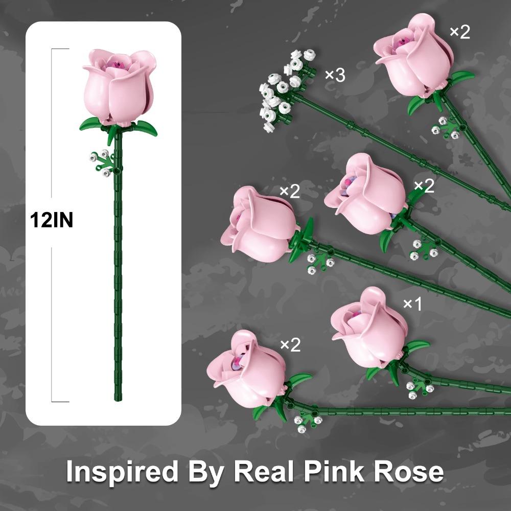 Romantic Rose Flower Building Blocks Set Pink Roses Flowers Toys for Adults, Plant Desk Decoration Bricks Gifts for Girls 613PCS