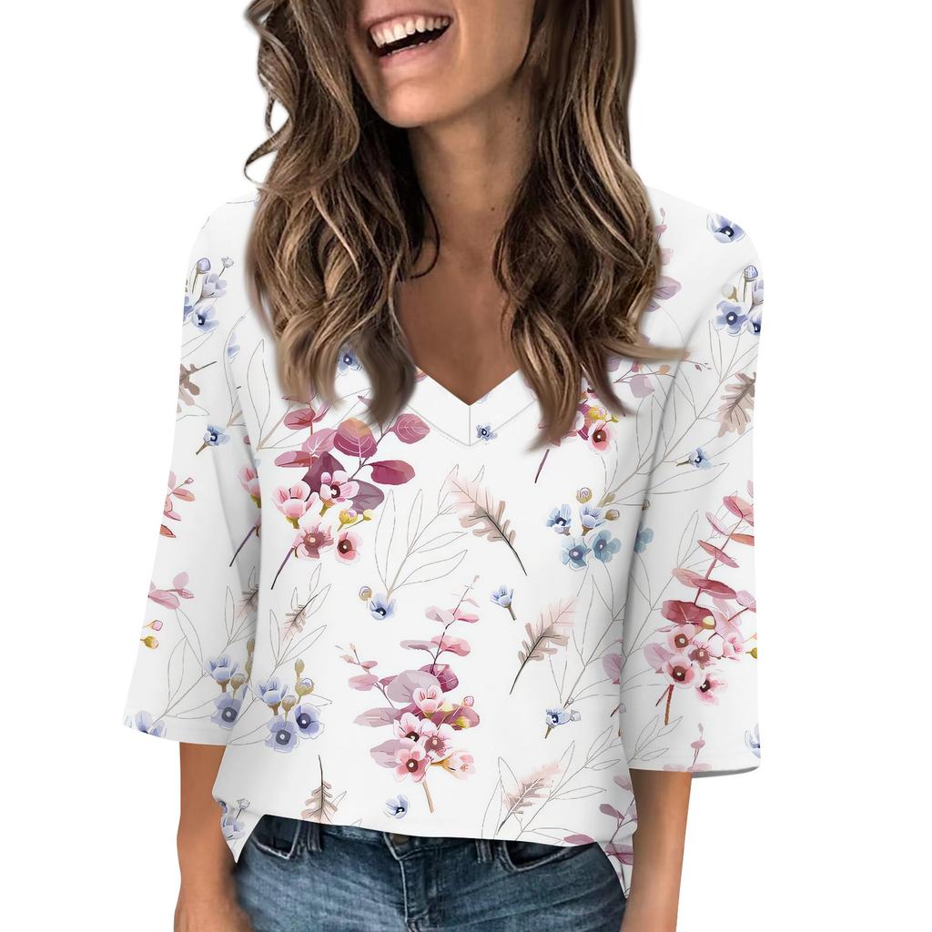 Women's V Neck 3/4 Sleeve Tops Casual T Shirts Basic Summer Tees Loose Pullover Top