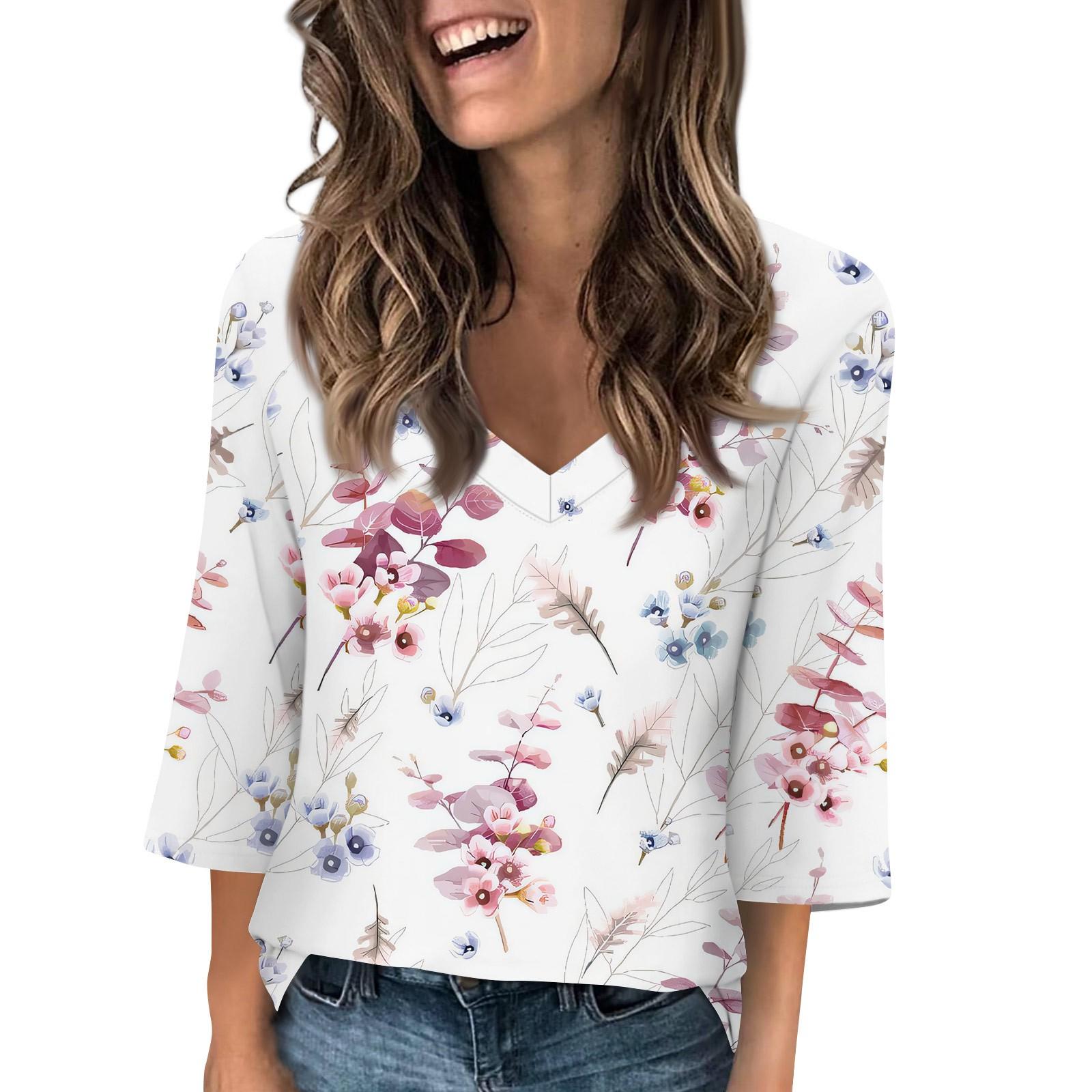 

Женские топы с V-образным вырезом и рукавами 3/4, повседневные футболки, базовые летние футболки, свободный пуловер, топ XL белый