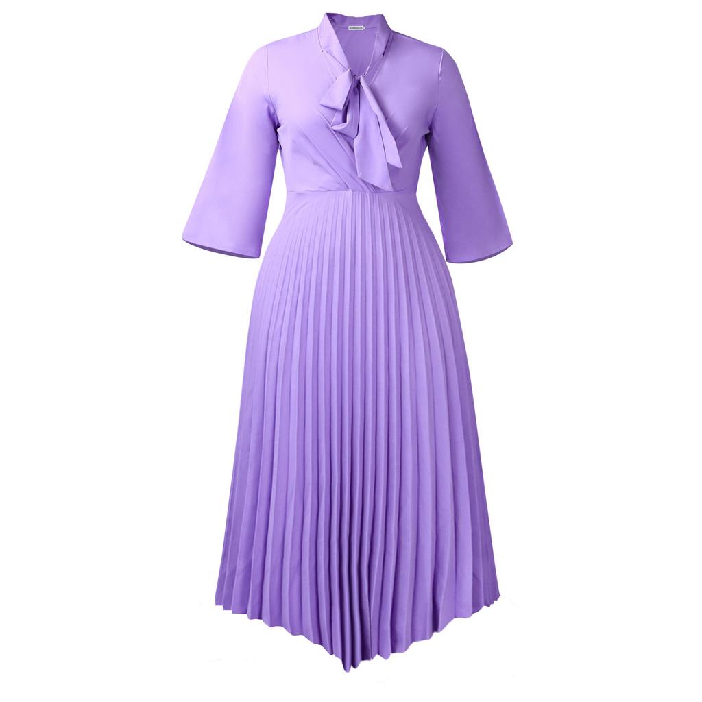 Damen Midi-Kleid in Lavendel mit Falten, Schleifen-Detail und Dreiviertelärmeln