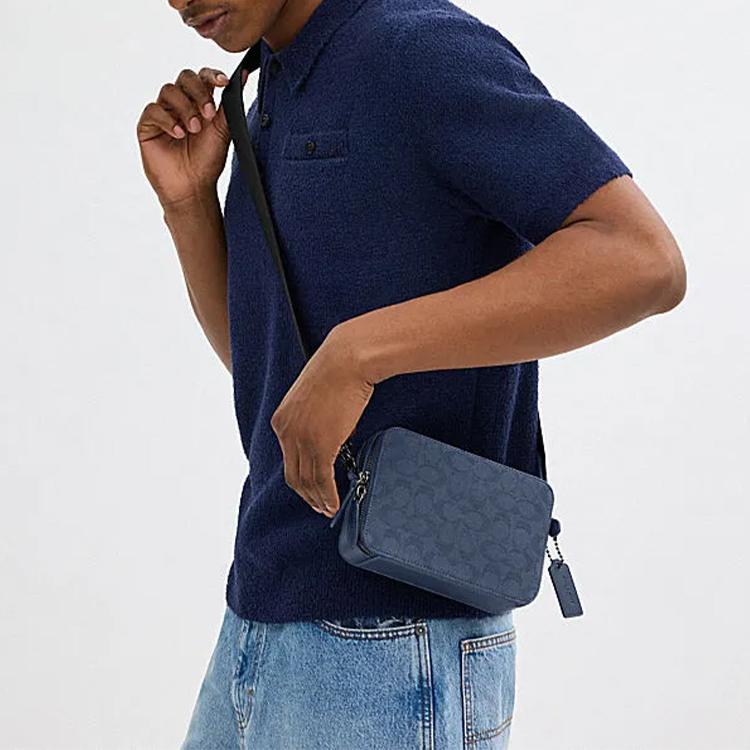 Coach Charter 19 Classic Monogram Double Zipper Closure Fabric And Leather Shoulder Crossbody Bag Small Men Bags Washed-Blue CU206-D61