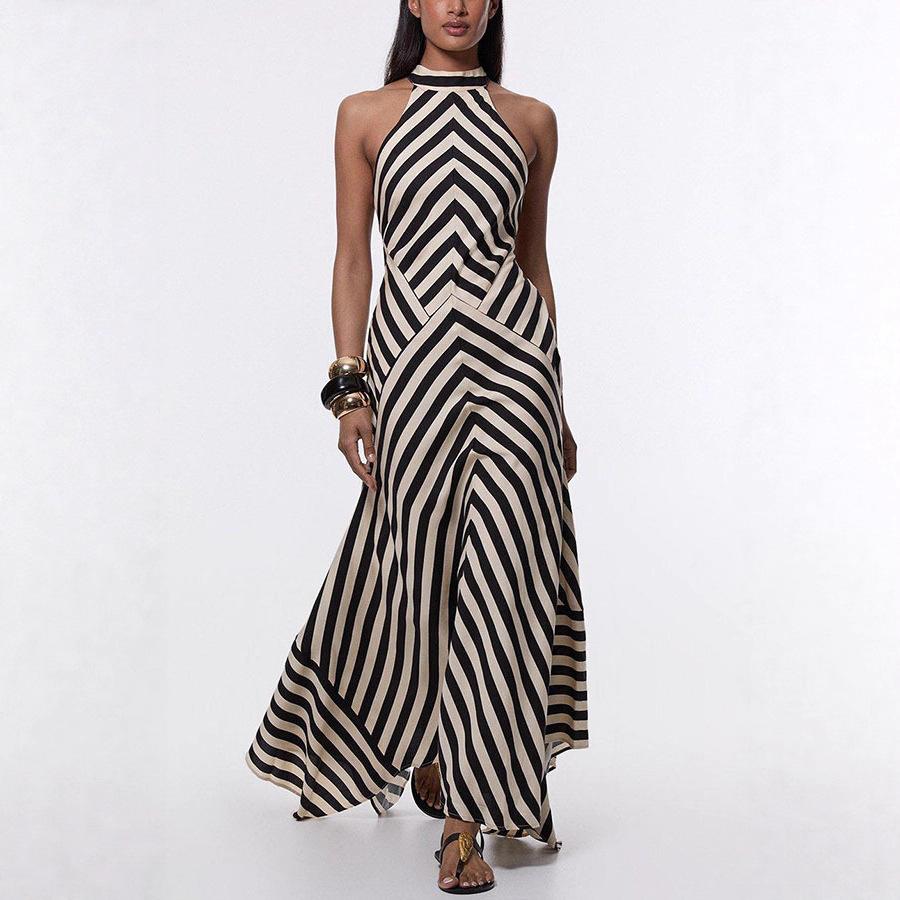 

Новое женское полосатое вязаное платье без рукавов с открытой спиной для лета XS чёрный