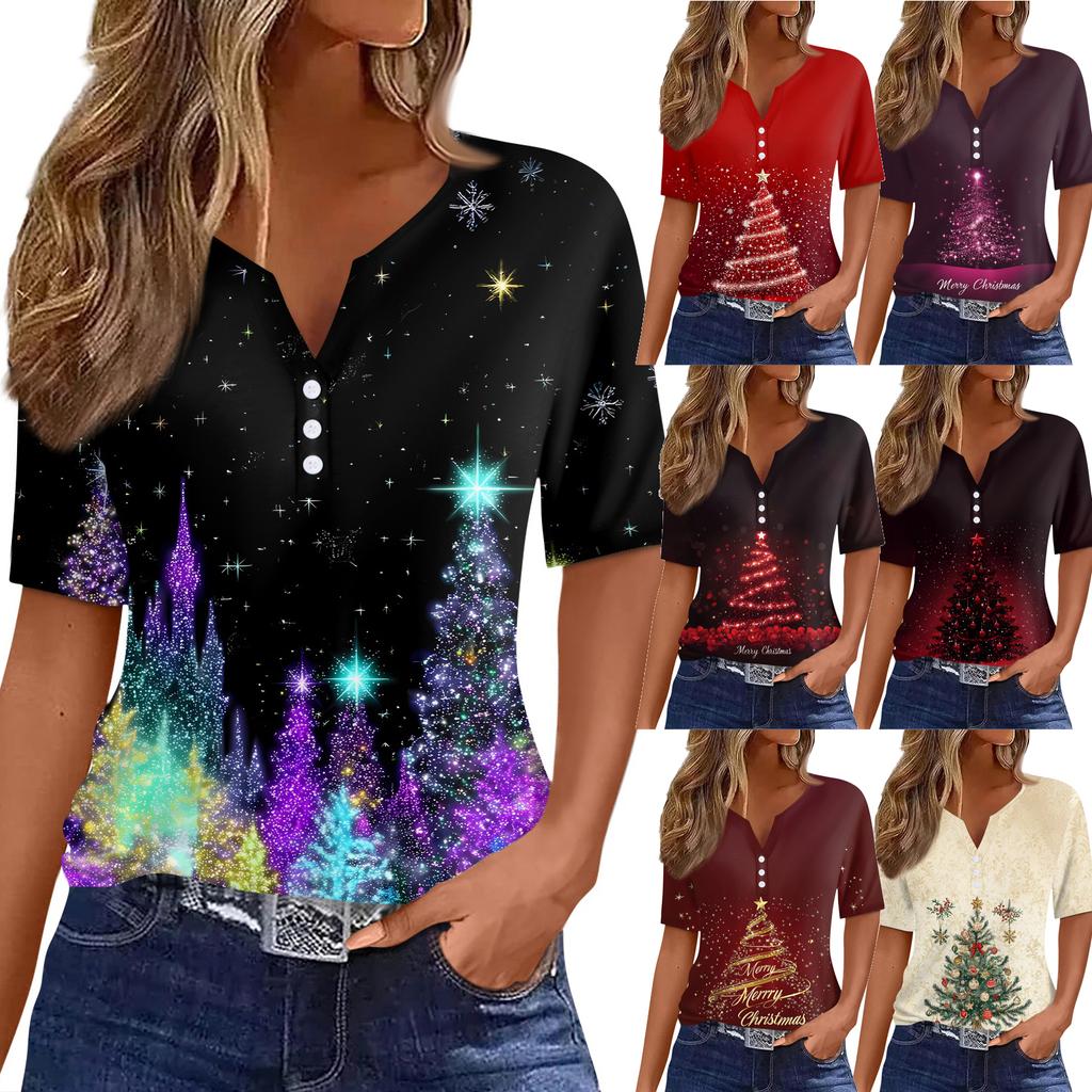 Women's T Shirt Christmas Print Button Short Sleeve Daily Weekend Fashion Basic V- Neck Regular Top