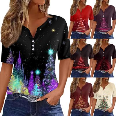 Damen T-Shirt Weihnachtsdruck Knopf Kurzarm Täglich Wochenende Mode Basic V-Ausschnitt Reguläres Oberteil