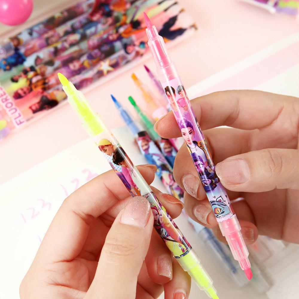 Durable K-Pop Demon Hunter Girls Dual-Tip Fluorescent Marker Cartoon Highlighter Pen Journal Doodling Pen Note-Taking Stationery Pen