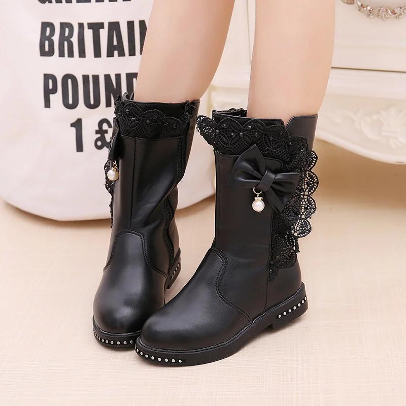 Baby Girls Comfortable Casual Plus Velvet Bow Beaded Lace Warm ZIP Autumn/winter Round Head Daily Kids Mid-calf Children's Boots