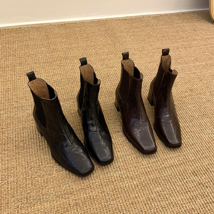 Huge Comfortable~! Simple Square Head Thick Heel Elastic Short Boots Martin Boots Versatile Chelsea Boots
