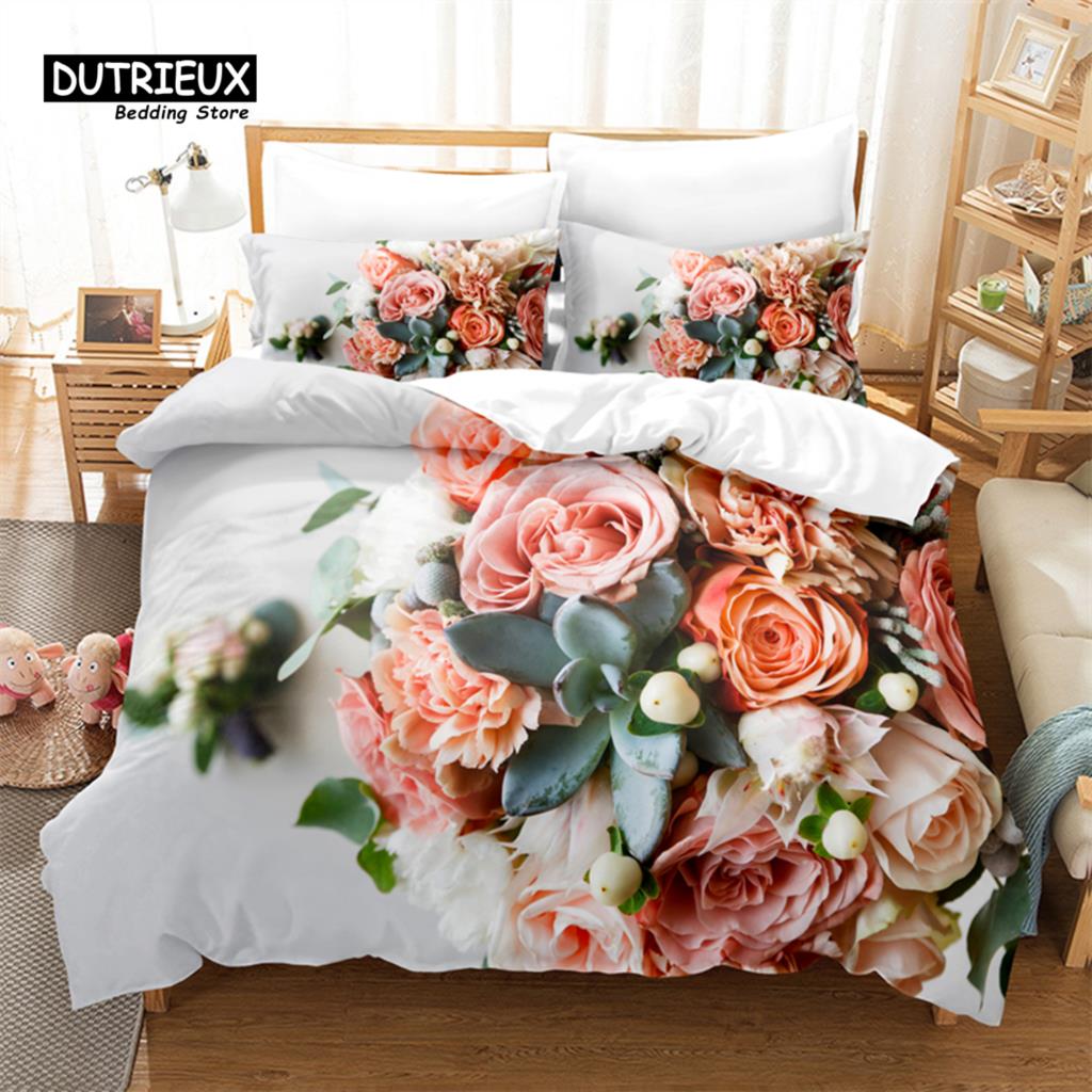 Pink Roses Bedding Set, 3Pcs Duvet Cover Set, Soft Comfortable Breathable Duvet Cover, For Bedroom Guest Room Decor