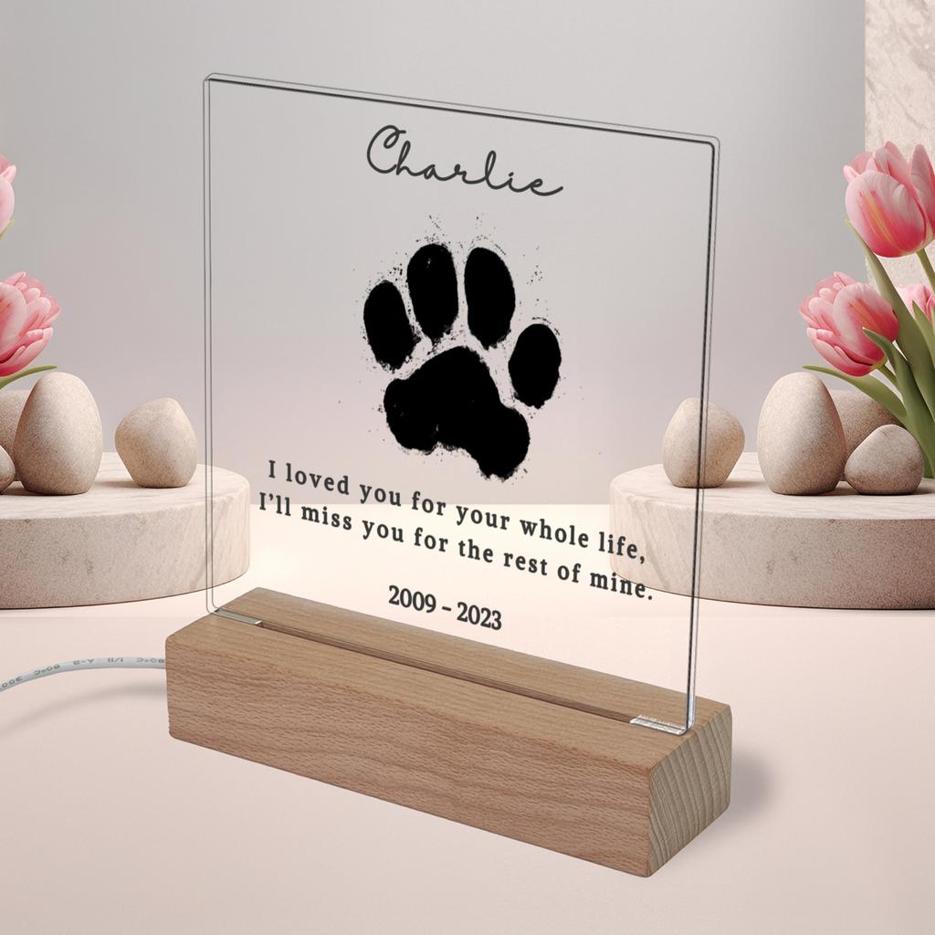Personalized Pet Memorial Paw Print Memorial Gift Plaque Custom Pet Name Wooden Base Creative Tabletop Decor Lovely Present