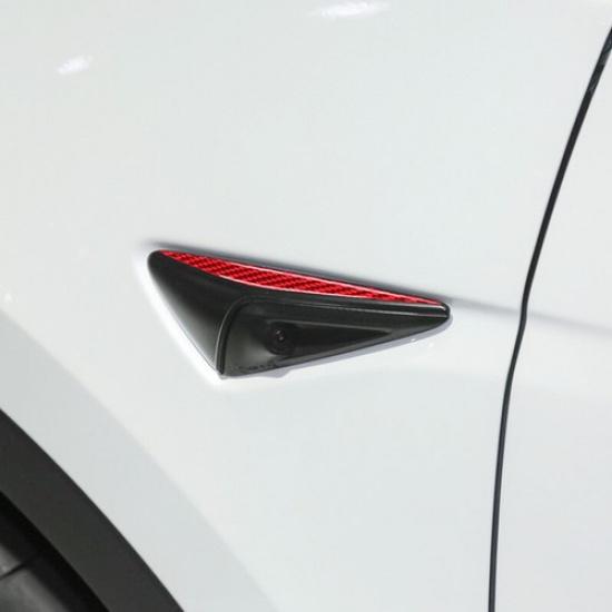2pcs Red Carbon Fiber Car Side Fender Camera Panel Strip For Model 3 Y 2017-