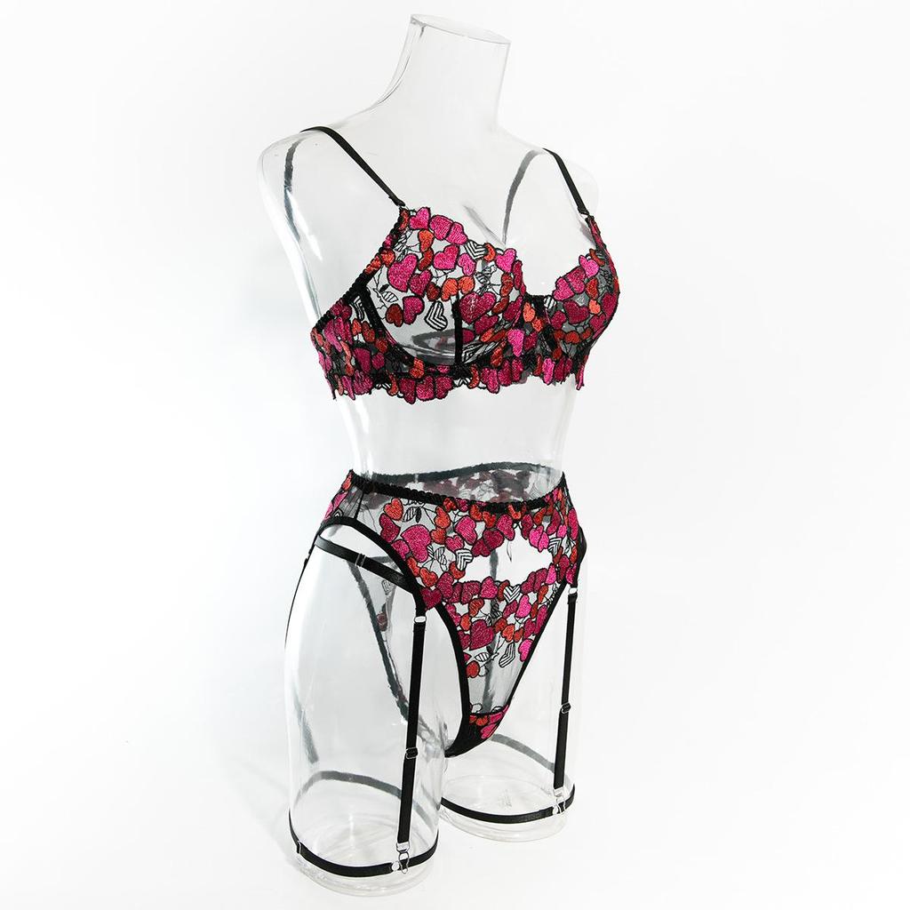 Embroidered Lace Lingerie Set: 4-Piece Transparent Bra & Panties