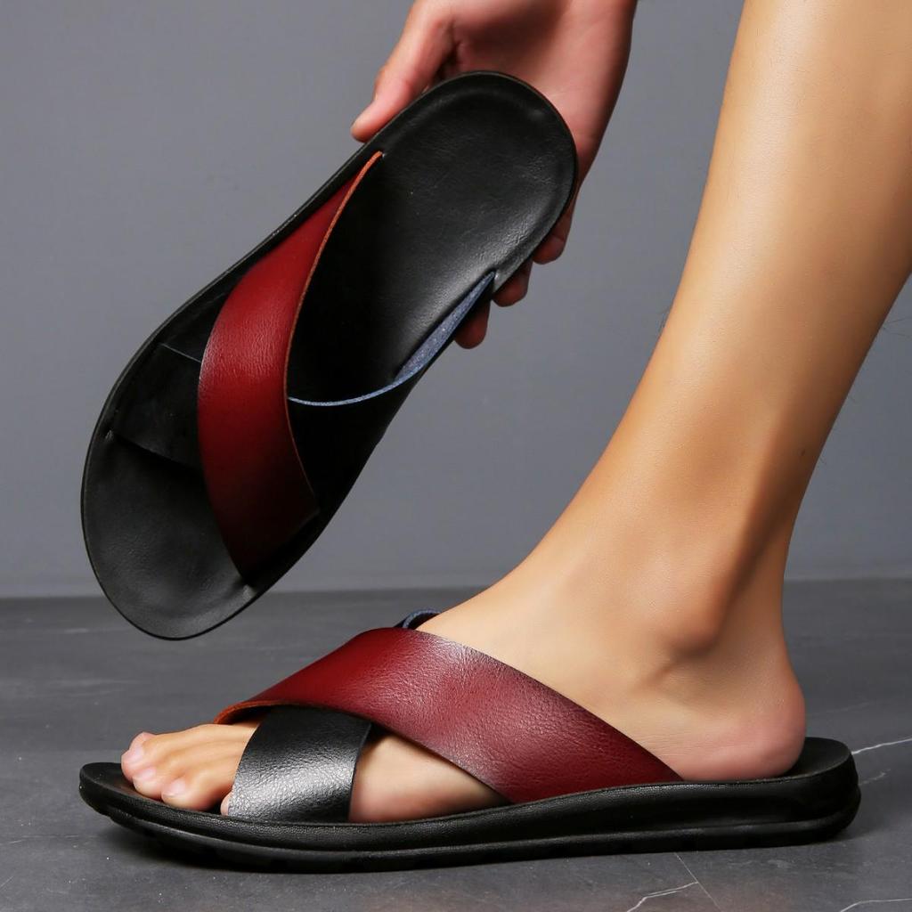 Men's Summer Leather Non-Slip Flip-Flops Beach Sandals