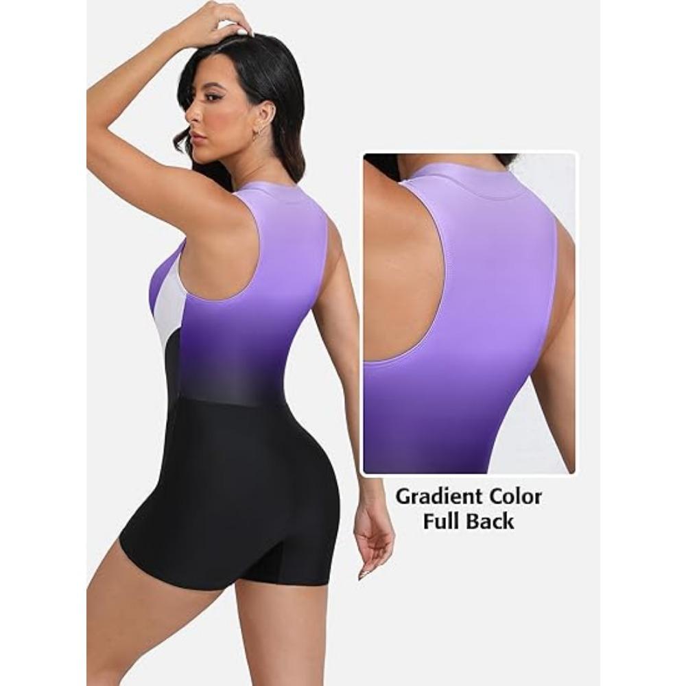 CHARMLEAKS Athletic One Piece Swimsuits for Women Zipper Up Bathing Suits Modest Boyleg Swimwear