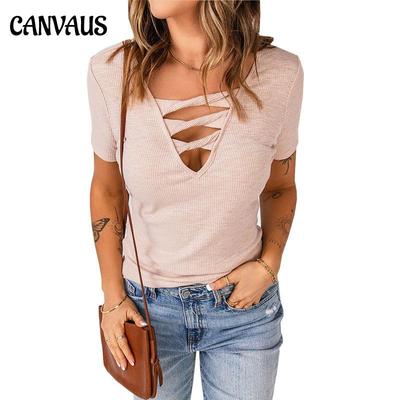 Summer Women's T-shirt V-neck Pullover Solid Color Tops Casual Slim Short-sleeved T-shirt