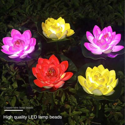 Simulate Water Lily Outdoor Fishes Pool Decor Fish Tank with 2-layer Flower Petals Water Lily Leaves  Mini Solar Fountain Round