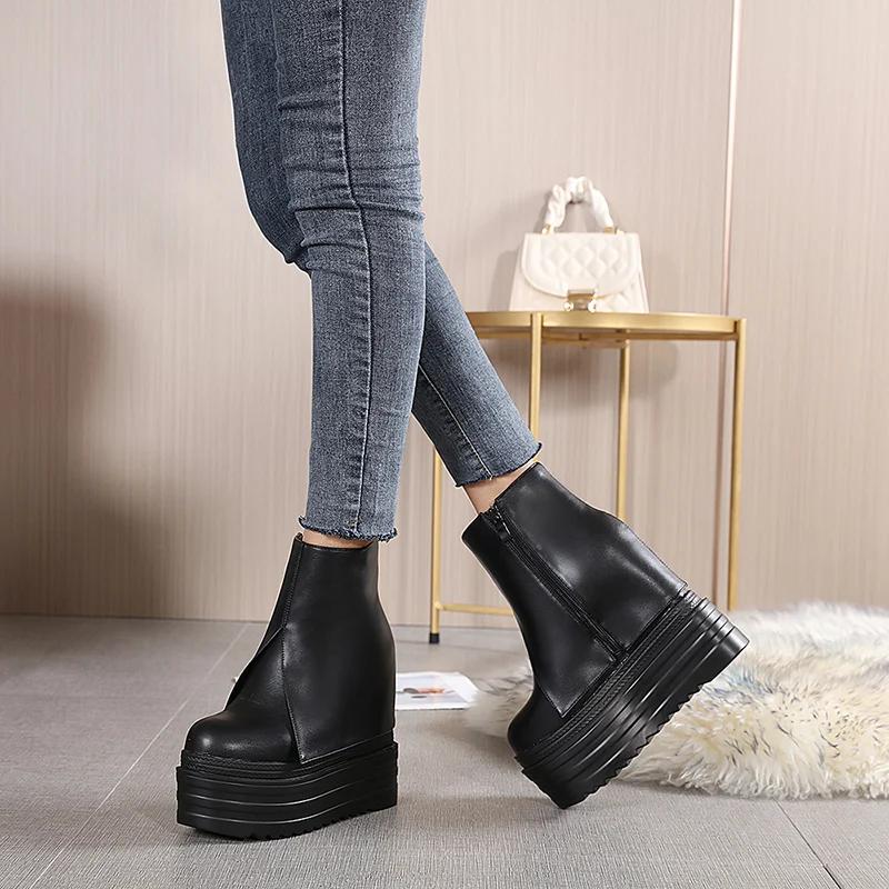 Fashion 14CM Fashion Wedges Ankle Boots Women's Round Toe Wedged Heels Shoes Platform Boots Women  Autumn High Heels Booties Hot Sale