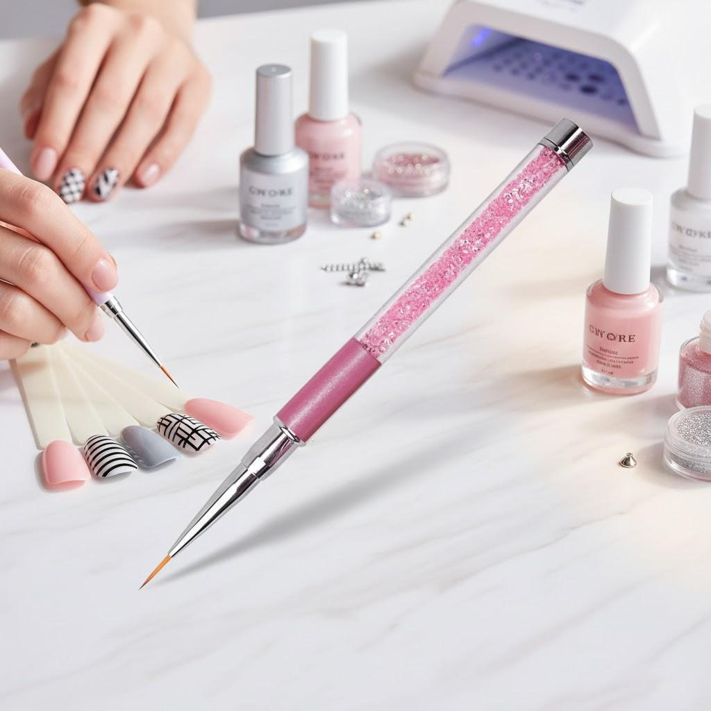 

Acrylic Nail Art Brush Pen Rhinestone Diamond Glitter Handle Carving Powder Gel Liquid Nail Brush with Cap Manicure Tool рожевий