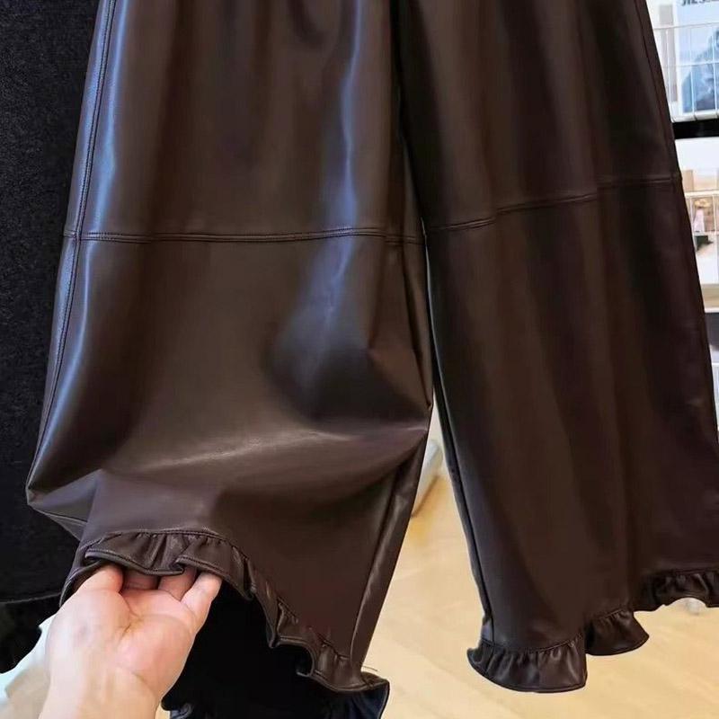 Leather Pants for Women Elastic High Waist Long Trousers Plus Size Thickened Stretchy Solid Colour Versatile Casual Wide Leg Pants