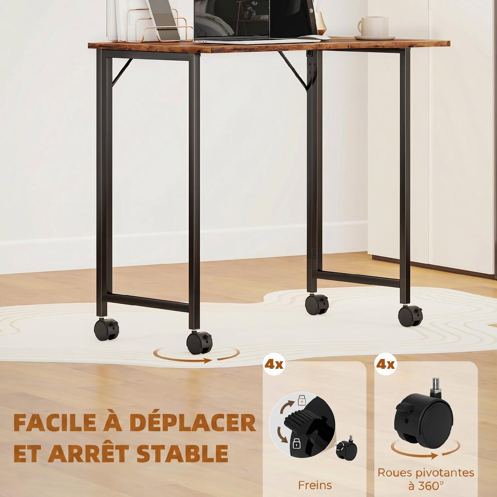 Folding Computer Desk on Wheels, 80 x 52 cm, Device Slot, Brown