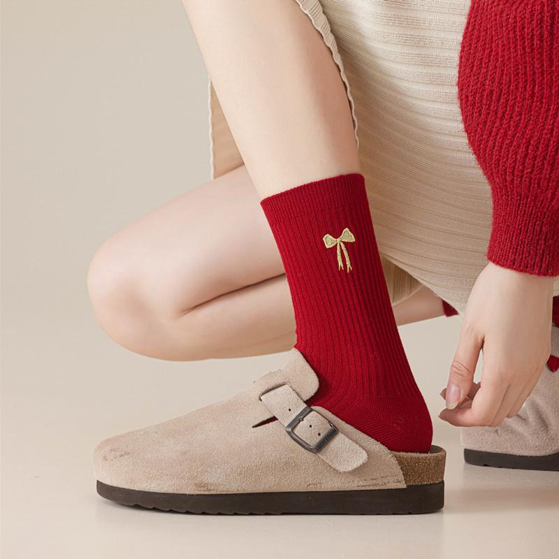 Bright Red Men's and Women's Pure Cotton Double-needle Mid-calf Socks, New Year Autumn and Winter Pile Socks