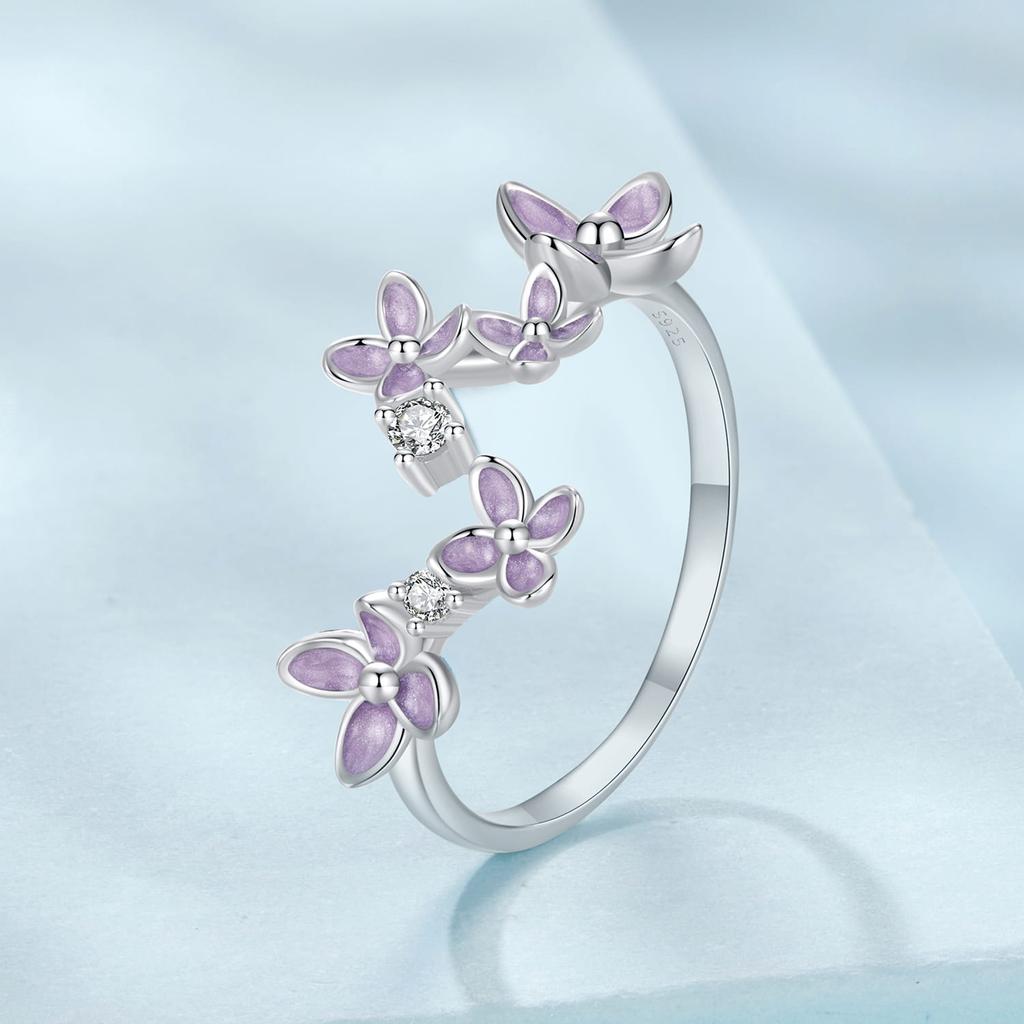 Silver adjustable ring purple FLOWERS silver 925