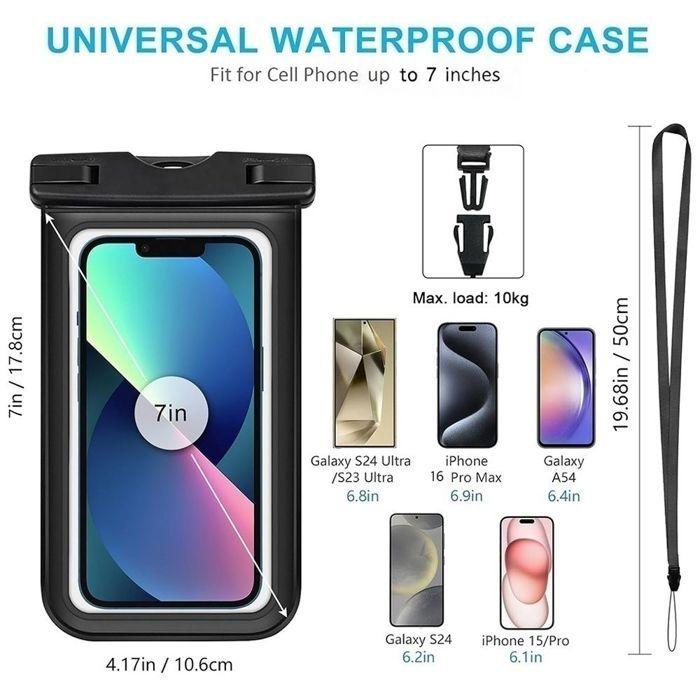 2x Housse Étanche pour Samsung Galaxy S25 S25+ S25 Edge S24+ S24 FE S24 Ultra S23 S22 S21 S20 S10, IPX8 avec Bordure Noire