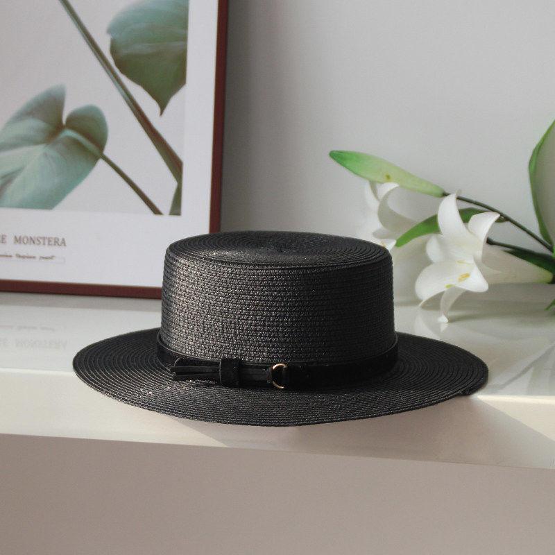 Flat Top Straw Hat Women's Summer Simple British Sun Hat Versatile Fashion Trendy Eaves Casual Top Hat