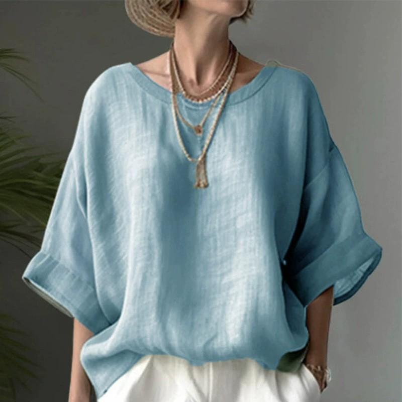 Womens Oversized Relaxed Fit Linen Cotton Blend Shirt Loose Round Neck Top Casual Plus Size