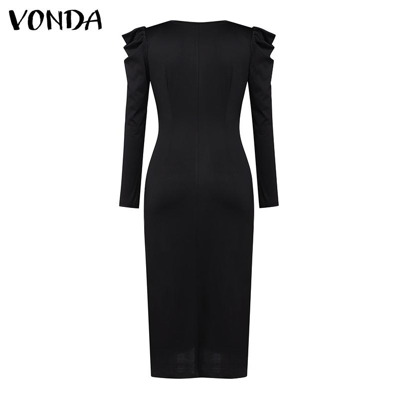 VONDA Women Vintage Lapel Long Sleeve Tight Waist Hip Dresses
