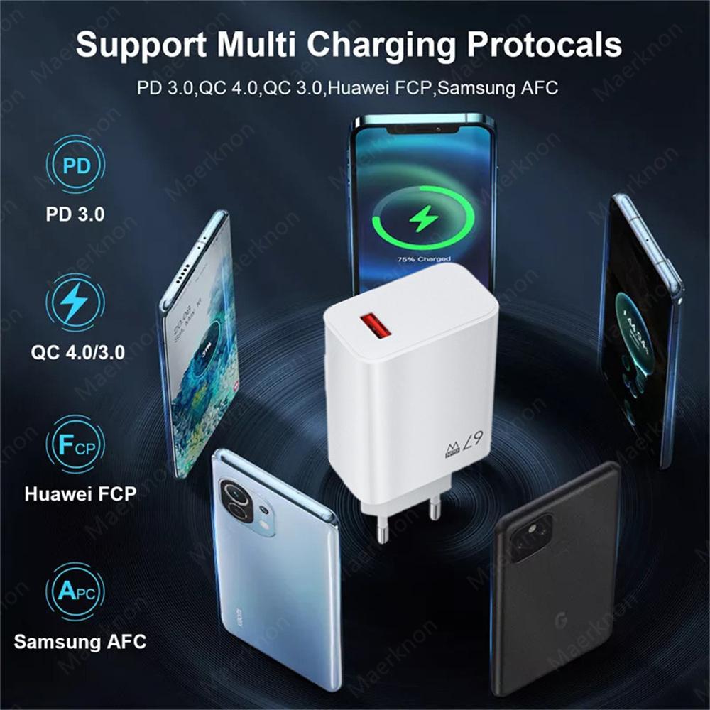 USB-Ladegerät 67W GaN Schnellladung EU/US Stecker Wandladegerät 6A Typ C Kabel Für iPhone Samsung Xiaomi Schnelllade-Handyladegerät