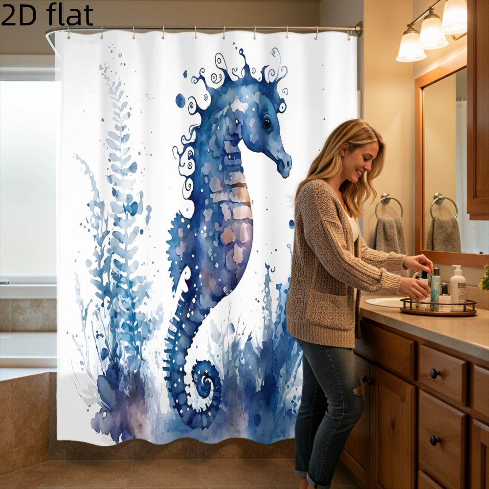 Deluxe Watercolor Seahorse Shower Curtain Waterproof Bath Shower Liner Blue Tropical Ocean Art Decorative Home Bathroom Decor